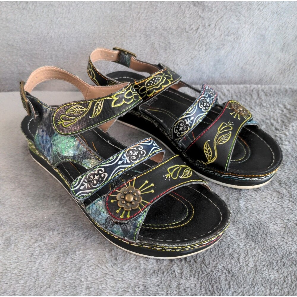 L'Artiste by Spring Step Sumach Sandals Sz 36 (5.5-6) Leather Black Floral Artsy
